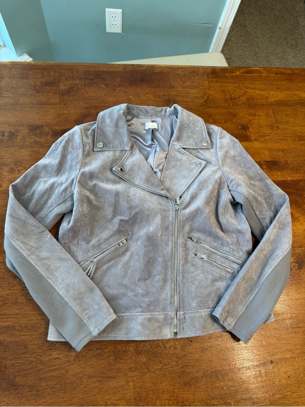 ecru Gray Real Suede Leather Moto Jacket Ribbed Knit Panel Trim Asymmetric Sz M
